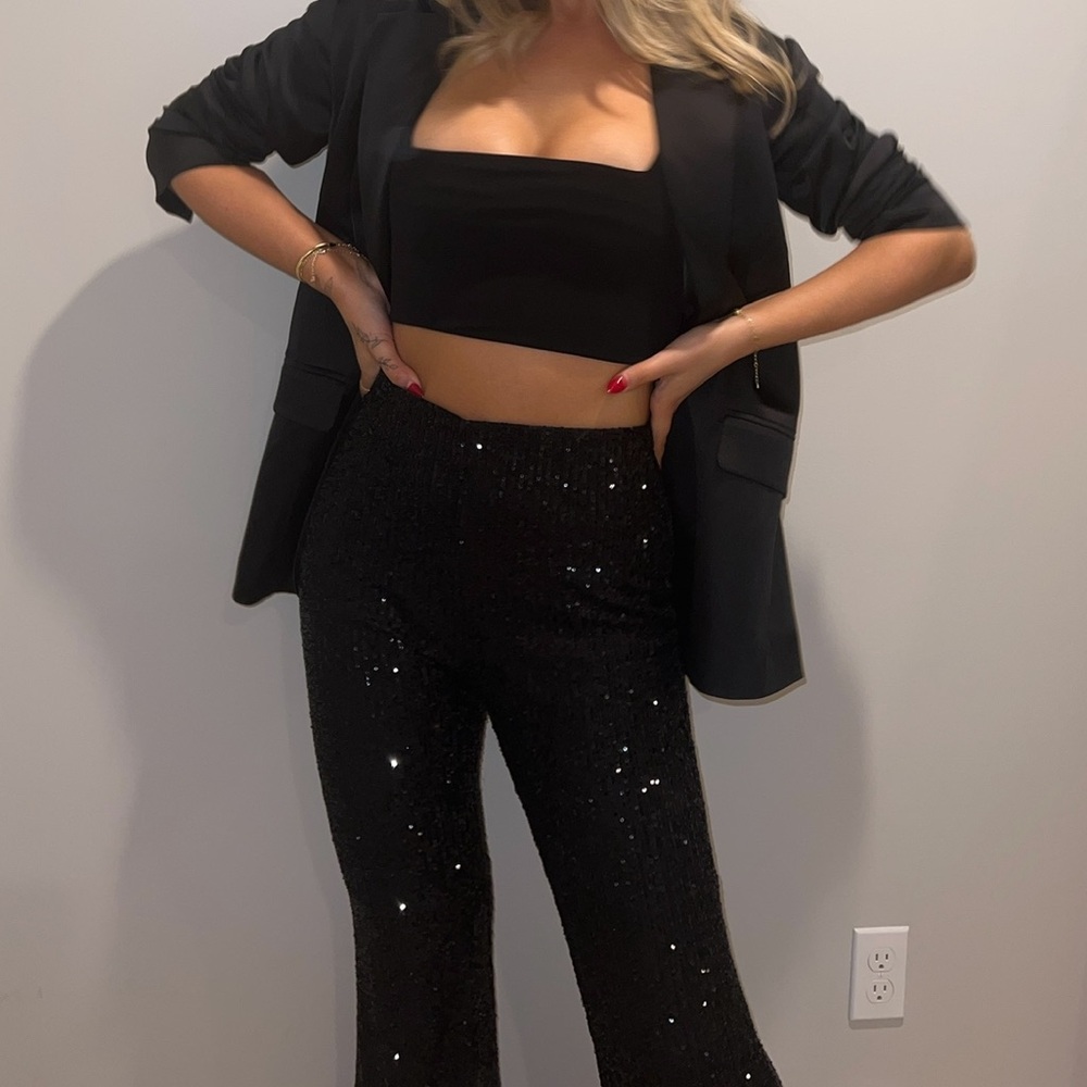 Black Sequin Flare Pants With An Elastic Band - image 3
